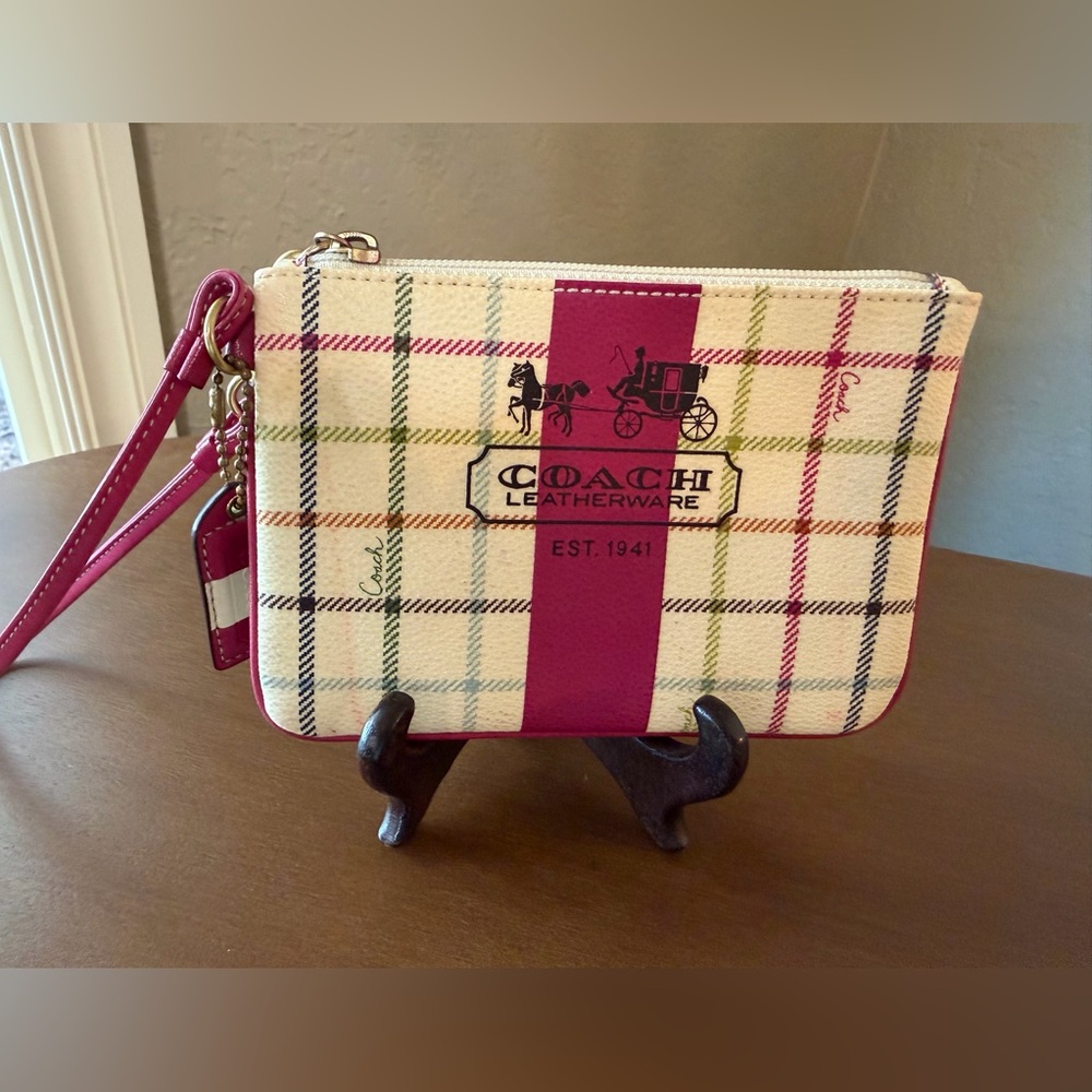 Coach Tattersall  Wristlet in Pink, Cream, and Green with Pink & White Hang Tag